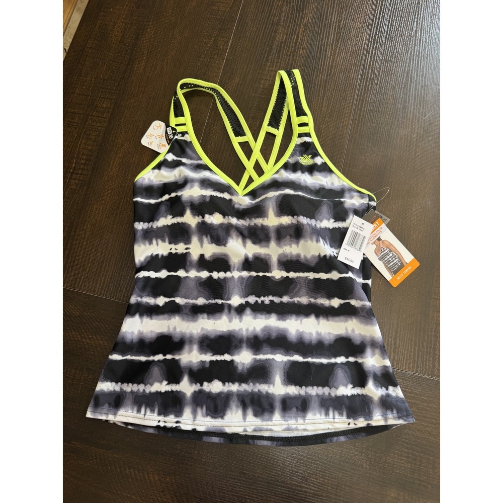 ZeroXposur Sun Smart Helix Tankini Top Black White Neon Yellow Size M #1080